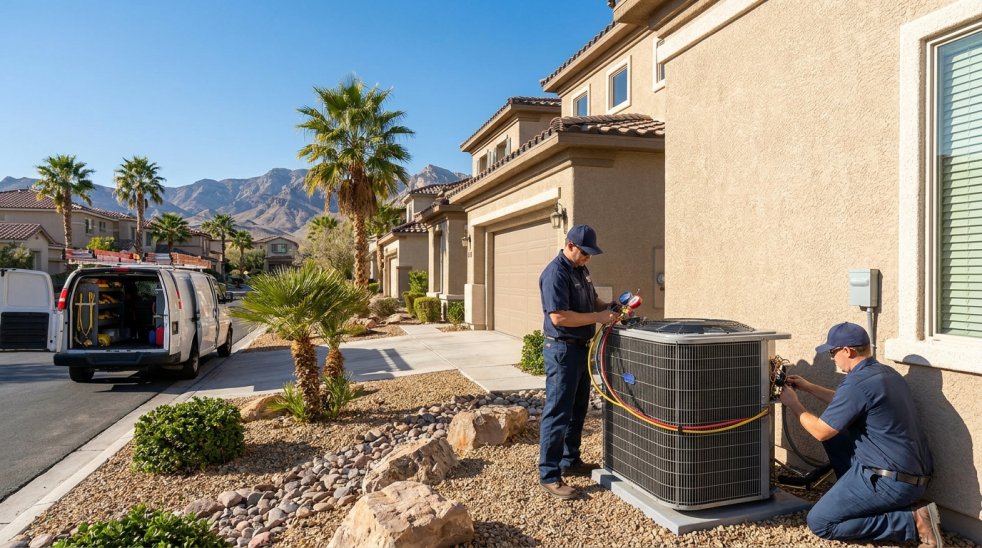 HVAC technicians installing a new air conditioner at a suburban home in Las Vegas neighborhood