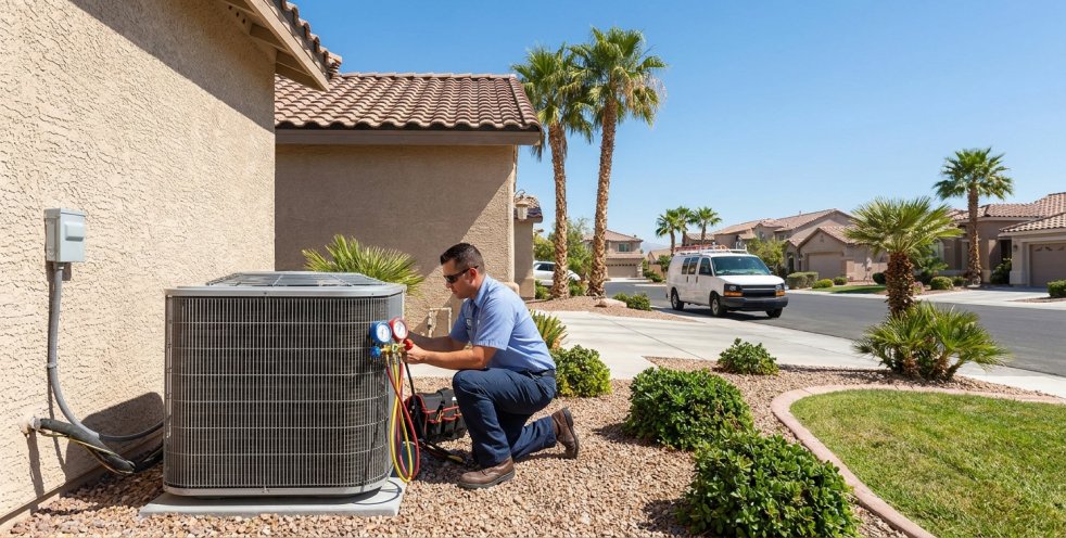 HVAC technician repairing an outdoor air conditioner at a suburban Las Vegas home