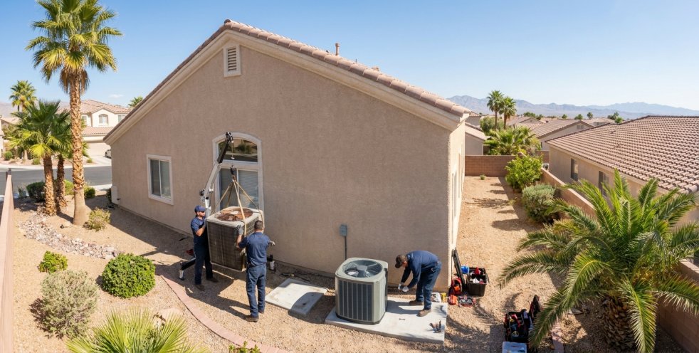 Technicians replacing an air conditioning unit at a Las Vegas suburban home