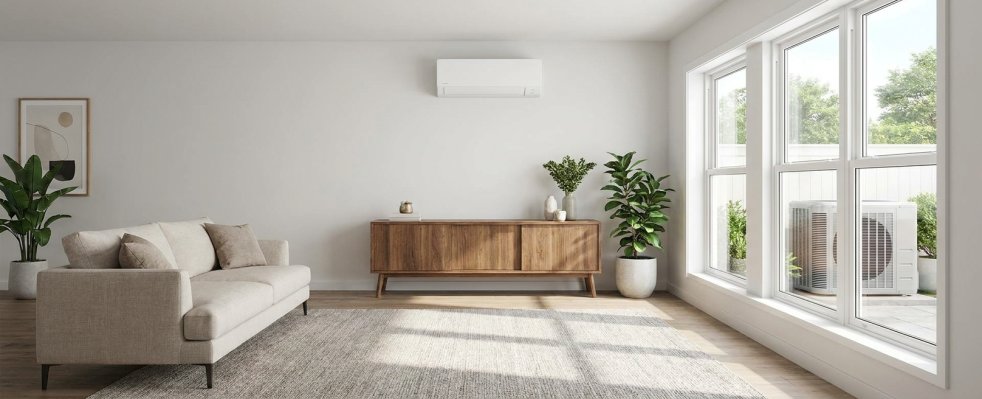 Bright living room with wall-mounted mini split and outdoor condenser visible through large windows