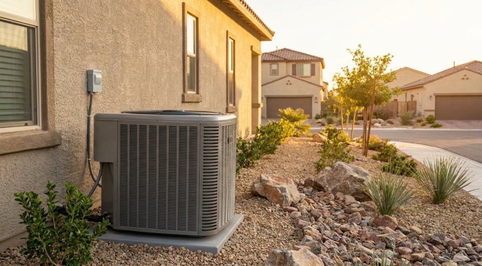 Residential AC unit beside a home in a Las Vegas neighborhood